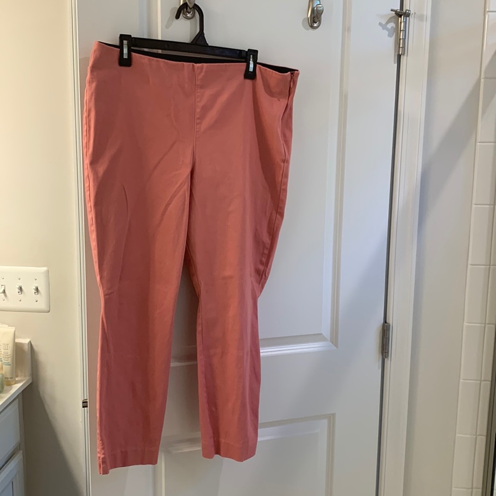Below the calf, above ankle, Pants. Vibrant pink, relaxing casual pants.